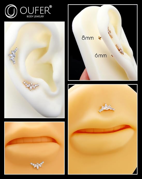 OUFER Helix Piercing Jewelry, 14K Solid Gold Cartilage Earrings, Clear CZ Lip Rings, Flat Back Helix Earrings, Internally Threaded Tragus Conch Lobe Piercing Jewelry, Labret Jewelry