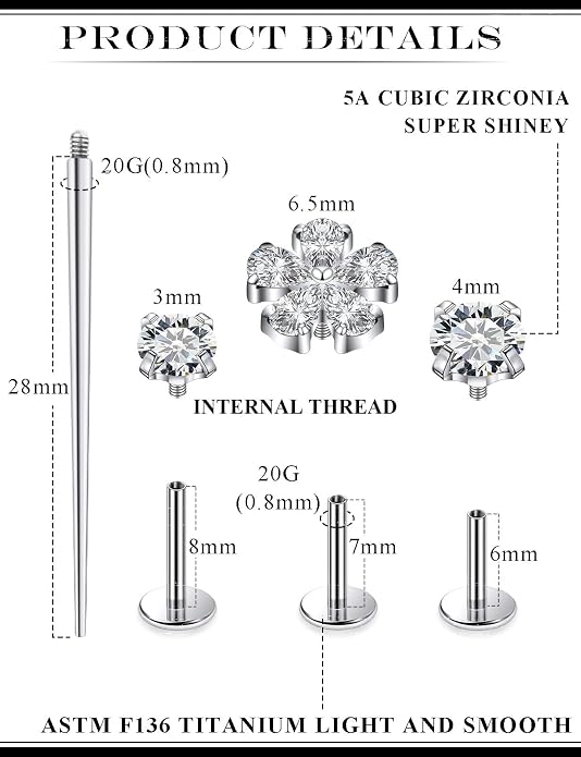 20G 18G 16G Astm F136 Titanium Internal Thread Flat Back Earrings Nose Studs Tragus Forward Helix Conch Cartilage Lobe Earring Stud Medusa Labret Monroe Lip Ring Piercing Jewelry For Women Men