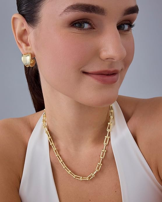PAVOI 14K Gold Plated Chunky Chain Choker Necklaces for Women | Gold Statement Graduated Link Chain Necklace | Bold Oval Link Barbell Links Paperclip Chains