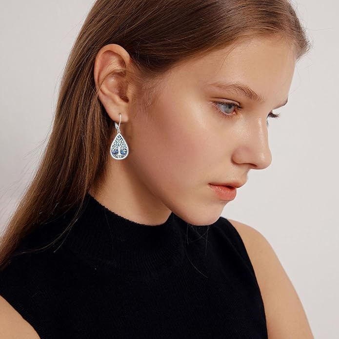 Odinstone 925 Sterling Silver Earrings Tree of Life Teardrop Moonstone Dangle Drop Leverback Earrings for Women