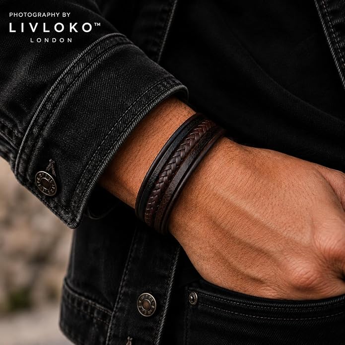 LONDON Mens Bracelet Leather Black Multi-Layer Stone Beads Adjustable Steel Clasp Viking Rope Bands Surfer Man Wristband Male UK Jewellery Gift box Boyfriend Dad Son Brother Tiger Eye