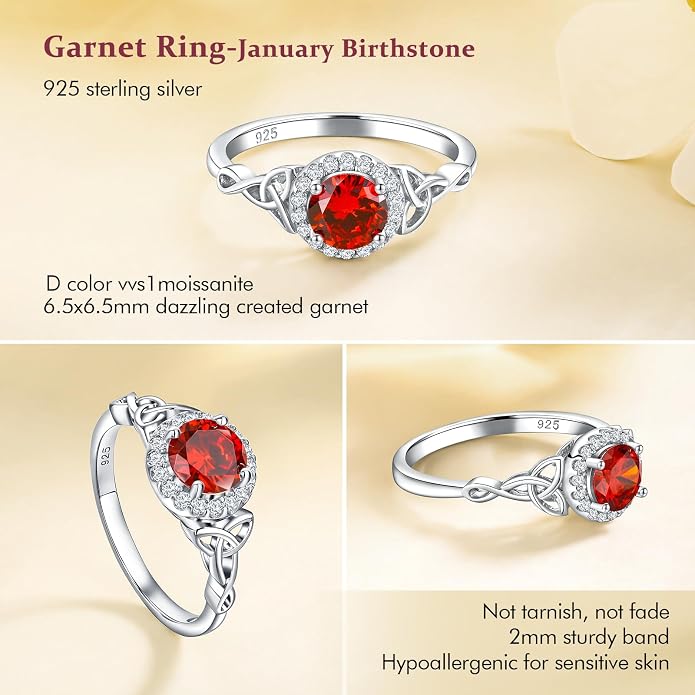 DAYBYDAY Celtic Birthstone Rings for Women 925 Sterling Silver Heart/Round/Pear/Oval Created Gemstone Moissanite Halo Engagement Promise Rings for Her Wife Birthday Anniversary Wedding Jewelry
