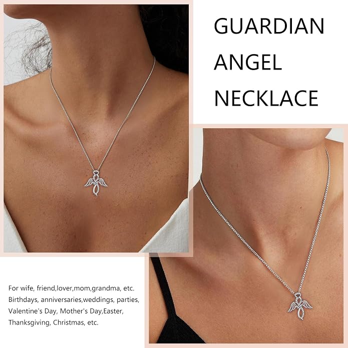 925 Sterling Silver Guardian Angel Pendant Necklace for Women with Birthstone Cubic Zirconia Little Angel Pendant Necklace Jewelry 18 inch Chain