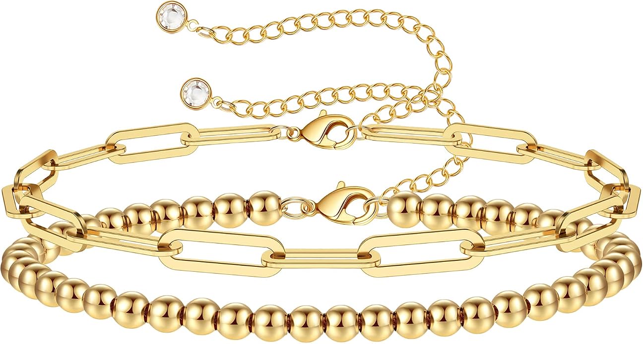 Dainty Gold Bracelets for Women, 14K Gold Plated Adjustable Layered Beads Bracelet Cute Evil Eye Oval Chain Pearl Bar Turtle Gold Bracelets for Women Jewelry