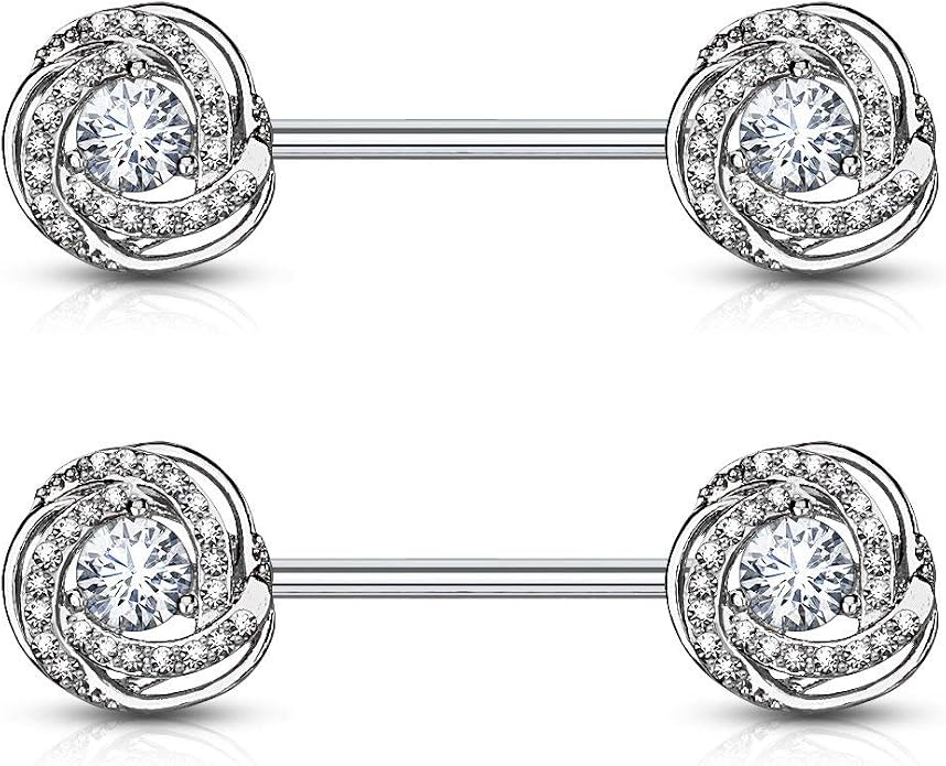 Forbidden Body Jewelry Ultra Glam CZ Swirl Halo Frame Surgical Steel Nipple Barbells