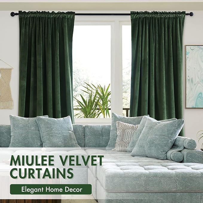MIULEE Olive Green Blackout Velvet Curtains Drapes 84 Inch Long 52"x84" | Luxurious Bedroom Living Room Decor, Room Darkening, Thermal Insulated, Rod Pocket Design, Super Soft Fabric