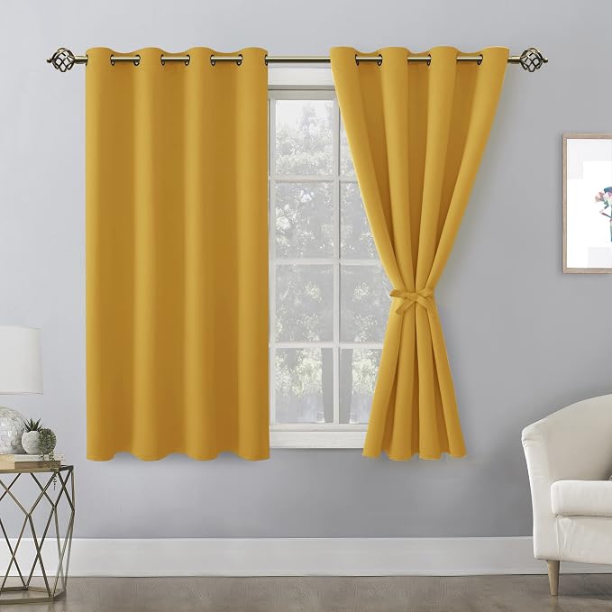 Hiasan Blackout Curtains for Bedroom, 52 x 54 Inches Long - Thermal Insulated & Light Blocking Window Curtains for Living Room, 2 Drape Panels Sewn with Tiebacks, Mustard Yellow
