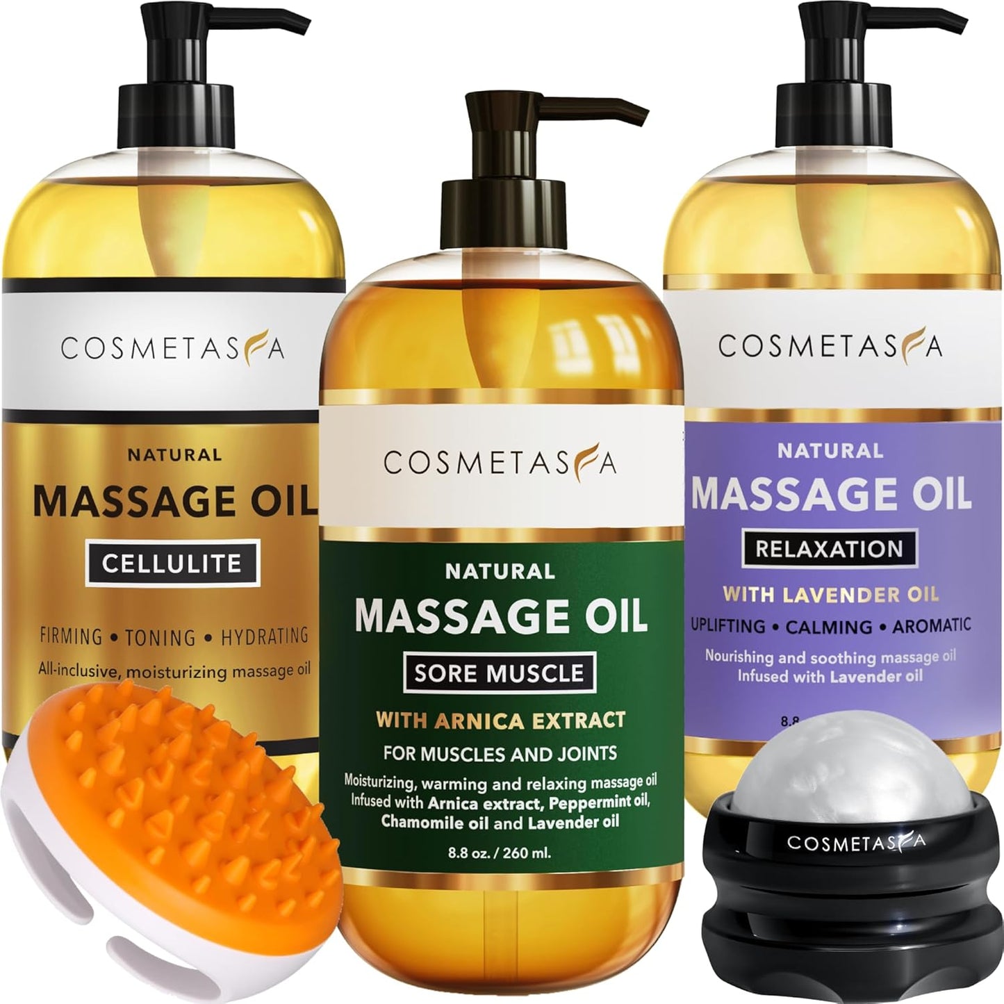 Cosmetasa Body Massage Oil for Massage Therapy Kit - Arnica Sore Muscle Massage Oil, Cellulite Massage Oil, Lavender Massage Oil, Skin Massage Roller Ball, Massager Mitt - Relaxing Luxury Spa Gift Set