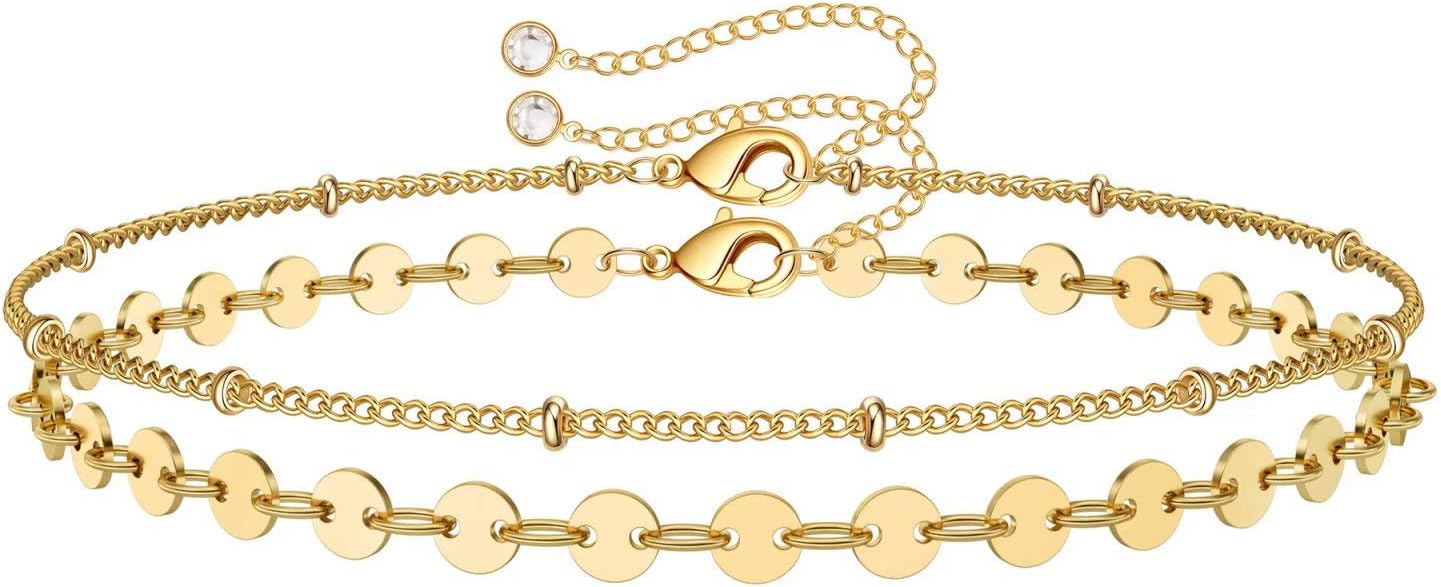 Dainty Gold Bracelets for Women, 14K Gold Plated Adjustable Layered Beads Bracelet Cute Evil Eye Oval Chain Pearl Bar Turtle Gold Bracelets for Women Jewelry