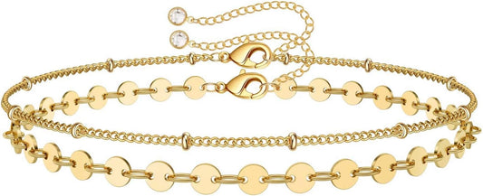 Dainty Gold Bracelets for Women, 14K Gold Plated Adjustable Layered Beads Bracelet Cute Evil Eye Oval Chain Pearl Bar Turtle Gold Bracelets for Women Jewelry