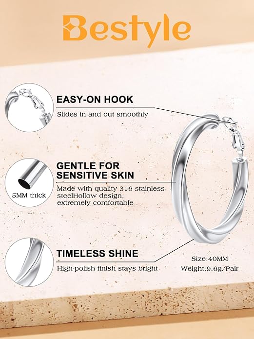 Bestyle 5mm Thick Gold Hoop Earrings Hypoallergenic Hoops for Sensitive Ears Trendy Lightweight Chunky Earrings for Women 30/40/60/80mm