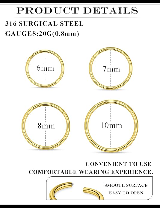 20G 18G 16G 14G 12G 10G 8G 6G Nose Rings Hoops 316l Surgical Steel Clicker Septum Lip Ring Tragus Helix Daith Rook Conch Snug Cartilage Lobe Earrings Hoop Piercing Jewelry For Women Men