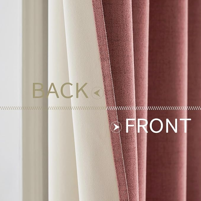 MIULEE 100% Blackout Linen Textured Curtains for Bedroom Solid Thermal Insulated Dusty Rose Grommet Room Darkening Curtains & Drapes Luxury Decor for Living Room 52 x 45 Inch (2 Panels)