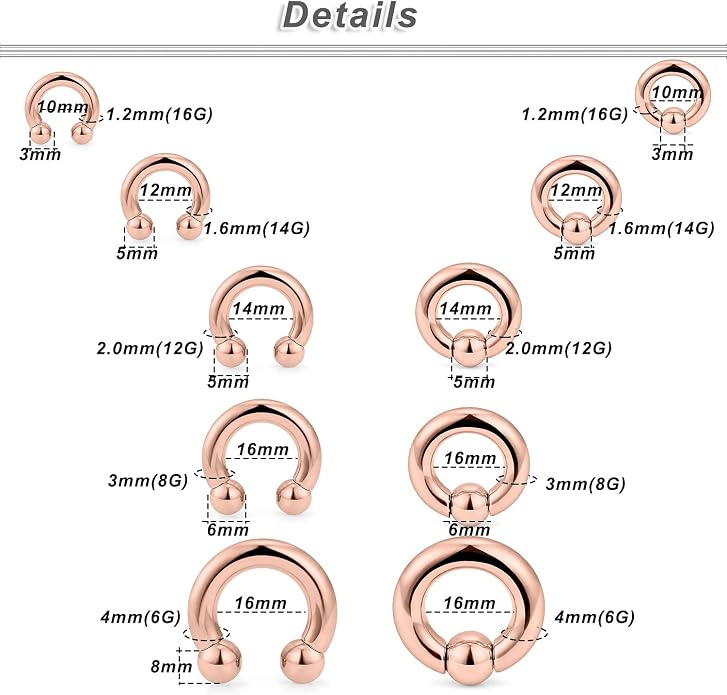 6G 8G 12G 14G 16G PA Ring Horseshoe CBR Circular Barbell 316L Surgical Steel Internally Threaded Pierced Body Jewelry for Women Inner Diameter:10mm 12mm 14mm 16mm