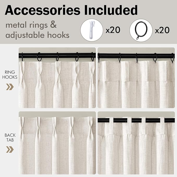 MIULEE Extra Wide 60 Inch Width Pinch Pleated Thick Linen Curtains 102 Inches Long 2 Panels for Patio Sliding Glass Door Living Room Bedroom Large Windows, Memory Trained Natural Drapes Hooks&Rings