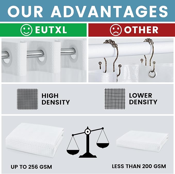 EUTXL Heavyweight Extra Long No Hook Shower Curtain with Snap in Liner,256GSM Waffle Weave Shower Curtains for Bathroom,71W x 98H,White