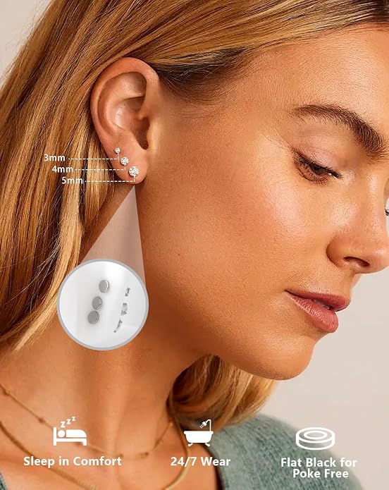 3Pairs Moissanite Earrings G23 Implant Grade Titanium Earrings for women Men, Flat Back Earrings Hypoallergenic Internal Thread Tragus lip nose Piercing Jewelry 18G 6/8MM Post with tool Round/Princess Cut Certified 3-5MM
