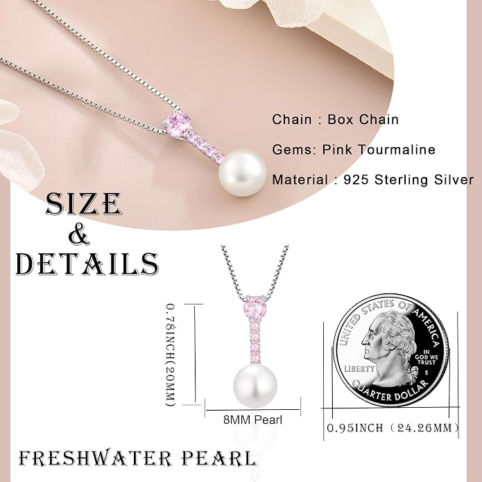 Pearl Necklace for Women, 925 Sterling Silver Dainty Round Freshwater Pearl with 5A Zircon Pendant Ideal Birthstone Jewelry Gifts for Her