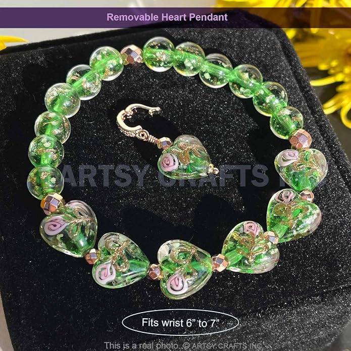 ARTSY Crafts Glow in the Dark Heart Shaped Glass Bead Bracelets & Necklaces, Handmade in USA