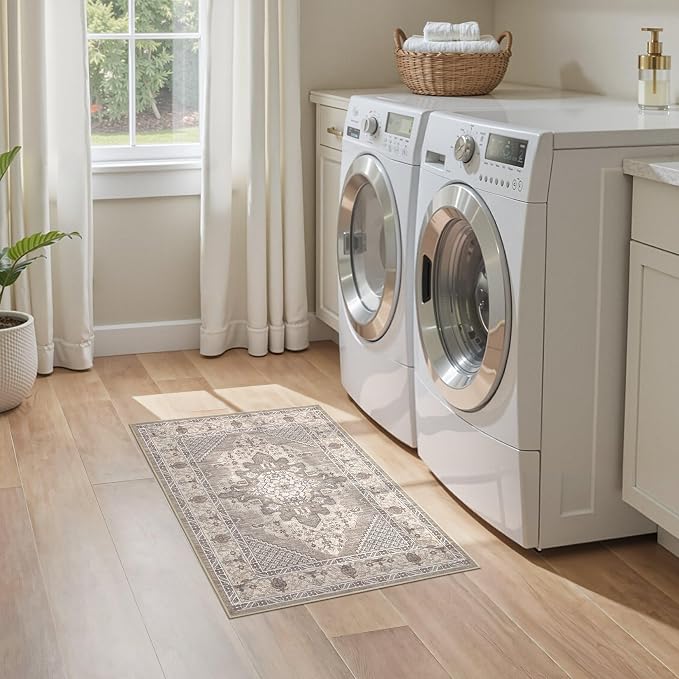 Tortania Area Rug 2x3 Doormat - Washable Vintage Oriental Farmhouse Soft Thin Indoor Carpet for Living Room Bedroom Hallway Entryway Kitchen - Taupe Brown