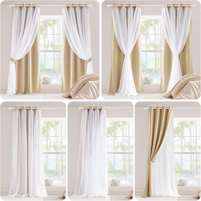 PONY DANCE Curtains for Living Room - 72 inches Long Sheer Curtains with Blackout Panels Double Layered Blackout Home Decor, 52-inch Wide, Biscotti Beige, Set of 2