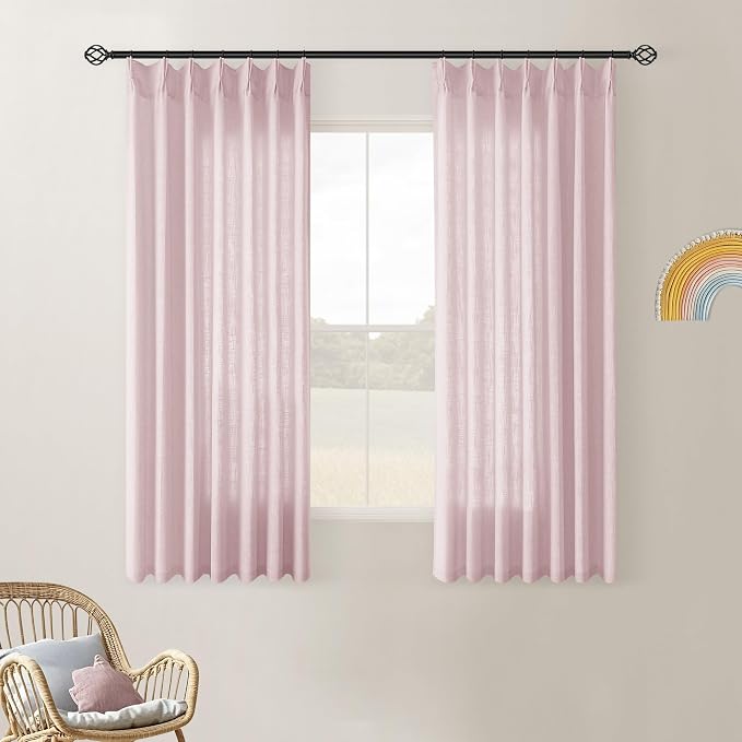 Light Pink Pinch Pleat Linen Semi Sheer Curtains 45 Inch Length 2 Panels | Basement Short Curtains for Small Bay Window, Pinch Pleated with Hooks Rings Back Tab, Thick Linen Semi Sheer, W40xL45