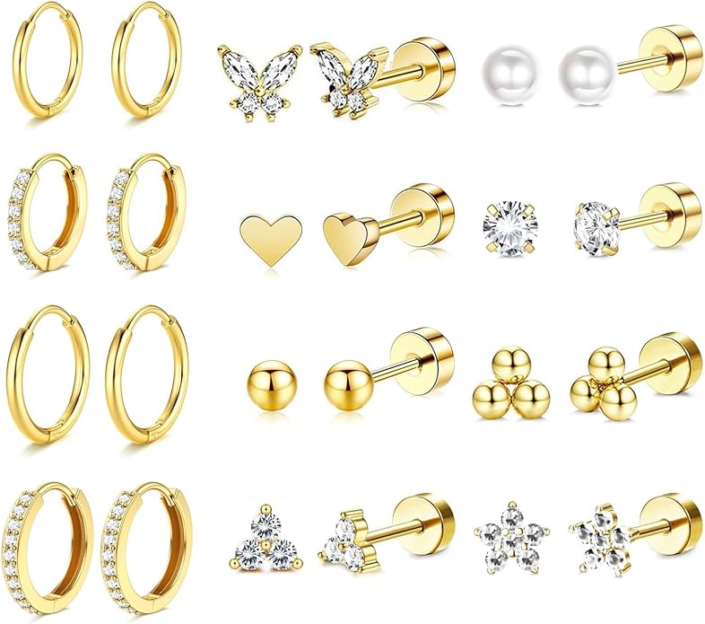 Stainless Steel Stud Earrings Set for Women Hypoallergenic Flat Back Cartilage Earrings Screw Back Huggie Hoop Earrings Multiple Piercing Cubic Zirconia Helix Tragus Jewelry