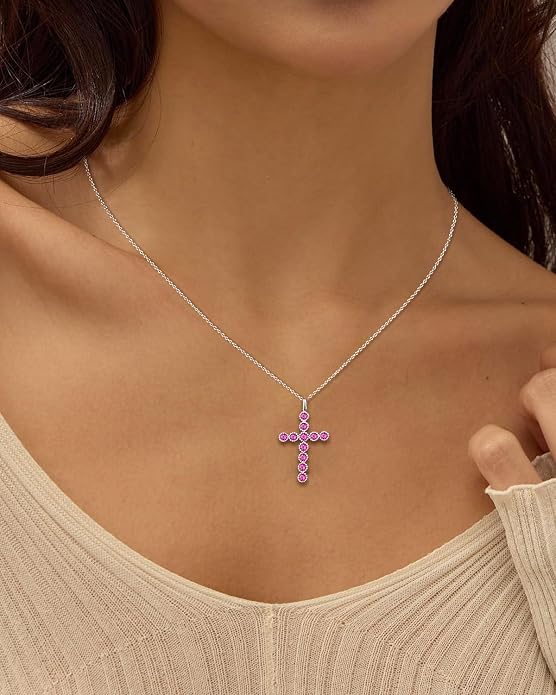 925 Sterling Silver 18 inch Birthstone Cross Pendant Necklace for Women Men