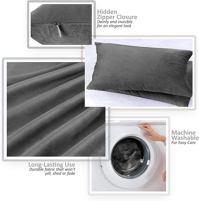 Nestl Throw Pillow Covers, Cozy Velvet Decorative Pillow Covers 12x20 Inches, Soft Solid Couch Pillow Covers for Sofa, Bed and Car, Set of 4 - Charcoal Stone Gray
