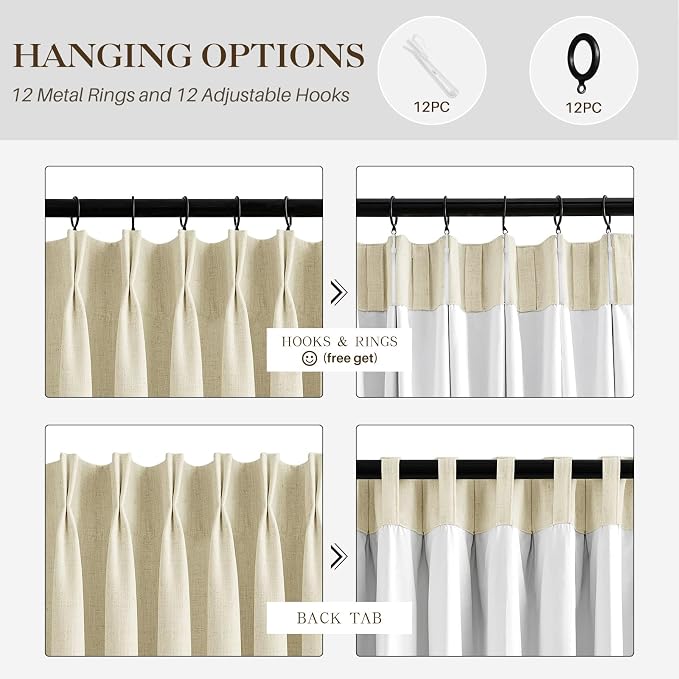 Cream Beige Pinch Pleated Full Blackout Linen Curtains for Bedroom, Black Out Curtains 102 Inches 1 Panel for Living Room Darkening Thermal Insulated Neutral Pleat Drapes with 12 Hooks, 60''Wx102''L