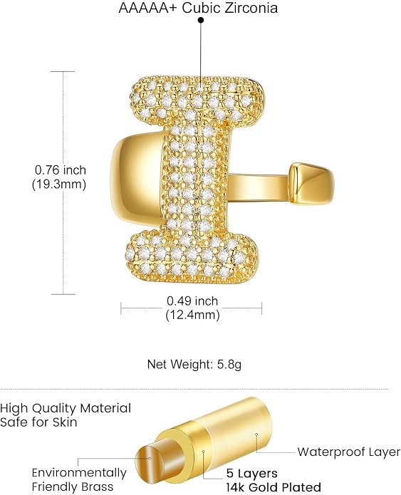 KeyStyle Bold Initial Letter Rings Adjustable, GoldChic Jewelry Women Gold Statement Ring Personalized Engraved Women’s Open Signet Ring for Party (Gold, White Gold, Black)