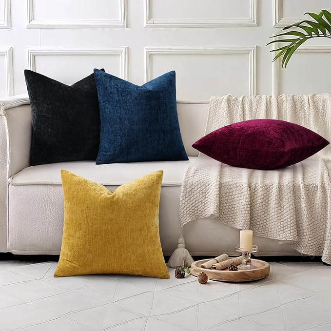decorUhome Soft Chenille Navy Blue Throw Pillow Covers 22X22 Set of 2 | Decorative Fall Couch Pillow Covers Solid Dyed Accent Modern Euro Sham Farmhouse Neutral Square Pillow Cases for Sofa