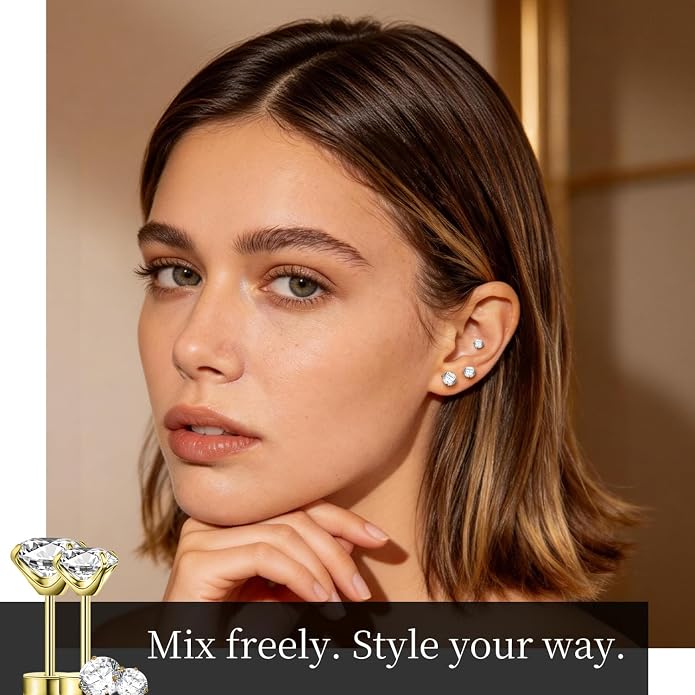 XUU Flat Back Stud Earrings, Implant Grade Titanium Earrings Set for Women, Hypoallergenic 20G Screw Back Earrings for Sensitive Ears, 3–6mm CZ Crystal, Gold Silver Black