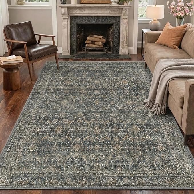 BESBLEE 3X5 Area Rugs Machine Washable Rugs for Living Room, Vintage Boho Large Rugs for Bedroom Dining Room, Non Slip Indoor Soft Distressed Lightweight Thin Low Pile Carpet, Deep