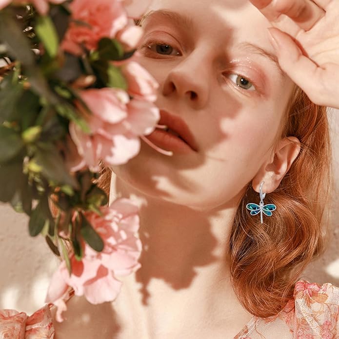 CUOKA MIRACLE Dragonfly Earrings 925 Sterling Silver Hoop Dragonfly Earrings Dangle Drop Opal Earring Dragonflies Jewelry Gifts for Women Wife