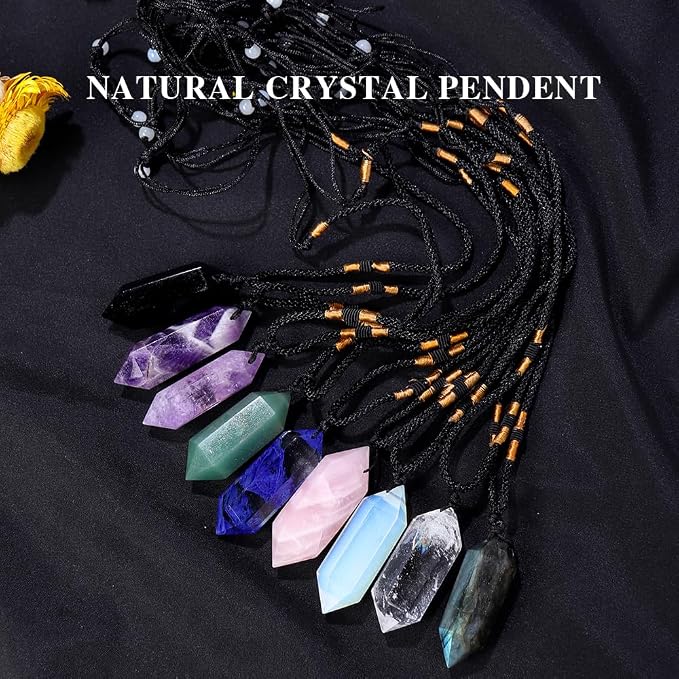 Runyangshi Black Obsidian Healing Crystal Pendants, Double Pointed Natural Crystal Quartz Necklace 6 Faceted Chakra Crystal Wand Stone