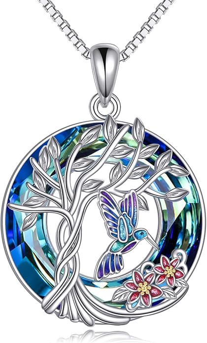 TOUPOP Sterling Silver Tree of Life Hummingbird/Dragonfly/Owl/Panda Necklace Crystal Bird Jewelry Birthday Christmas Valentines Day Gifts for Her Girlfriend Mom