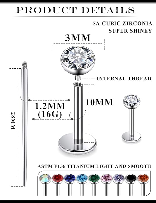 20G 18G 16G Astm F136 Titanium Internal Thread Flat Back Earrings Nose Studs Tragus Helix Conch Cartilage Lobe Earrings Medusa Labret Snake Bite Monroe Lip Ring Piercing Jewelry For Women Men