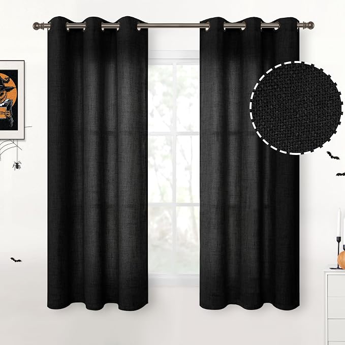 YoungsTex Short Black Linen Curtains 45 Inch Length, Light Filtering Window Drapes with Bronze Grommet Privacy Protection for Bedroom Living Room, 42 x 45 Inch, 2 Panels