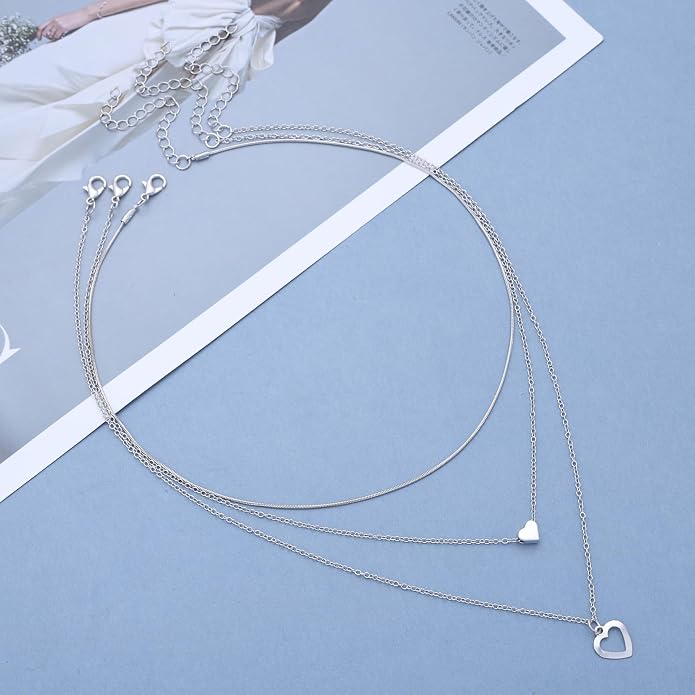 Boho Wedding Layered Tiny Heart Necklace Silver Dainty Mini Heart Pendant Necklace Cute Small Love Shaped Choker Simple Thin Chain Stacked Short Collar Delicate Minimalist Jewelry for Women