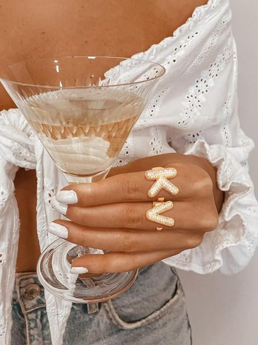 FindChic Initial Ring for Women, Gold Plated Chunky Letter Rings Open Adjustable Trendy Sparkling Cubic Zirconia Personalized Statement Rings Jewelry Gift
