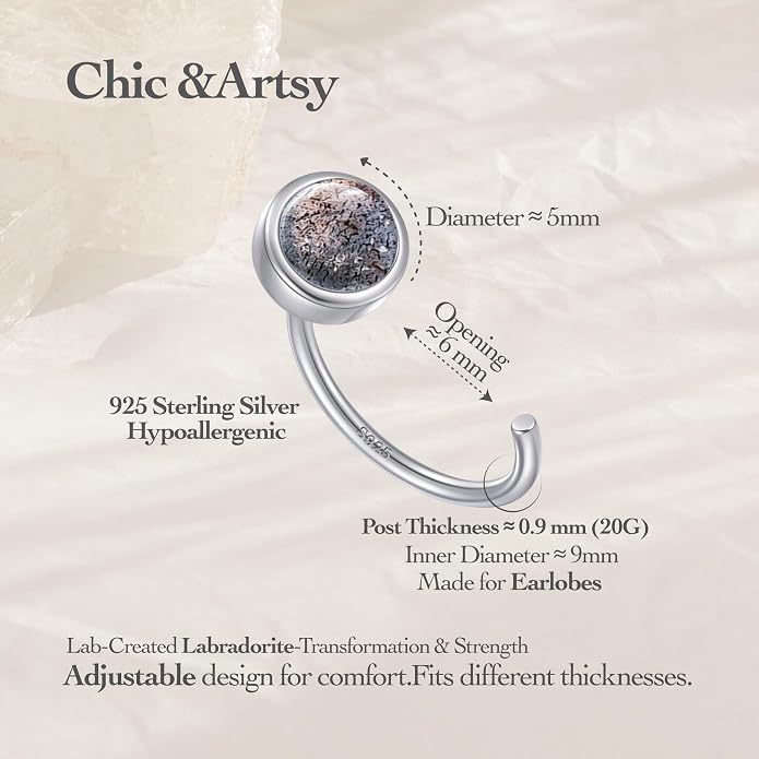 CHIC & ARTSY 925 Sterling Silver Half Hoop Earrings for Women, Dainty Huggie Hoops with Synthetic Opal, Moonstone, CZ & Gemstones, Lightweight Comfort Fit Everyday Elegant Jewelry