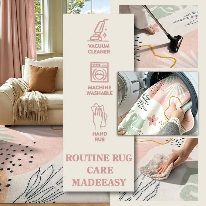 Lahome Pink Boho Nursery Rug 4x6, Washable Non Slip Soft Botanical Area Rug for Girls Bedroom Kids Room Playroom Dorm Apartment Decor