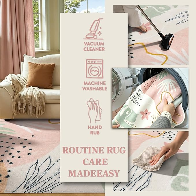 Lahome Pink Boho Bedroom Rug 5x7, Washable Non Slip Soft Botanical Area Rug for Girls Bedroom Kids Room Cozy Nursery Toddler Living Room Apartment Decor