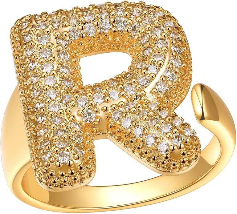 FindChic Initial Ring for Women, Gold Plated Chunky Letter Rings Open Adjustable Trendy Sparkling Cubic Zirconia Personalized Statement Rings Jewelry Gift
