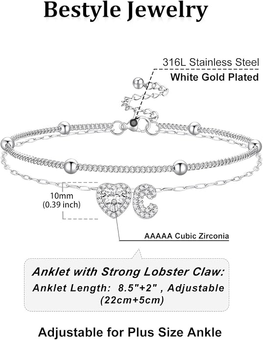 Bestyle Initial Anklet Bracelets for Women Waterproof Non Tarnish 14K Gold/White Gold Plated CZ Anklets for Women Dainty Layered Letter Heart Ankle Bracelets Adjustable Foot Chain Anklet