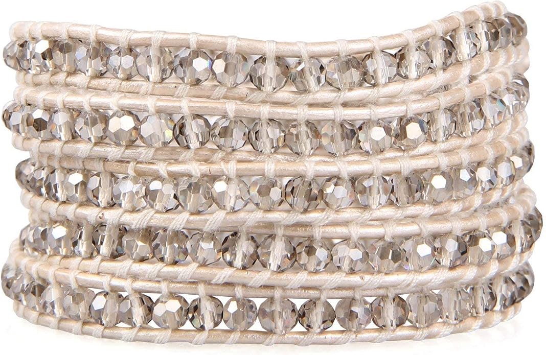 KELITCH New Gray Crystal Beaded 5 Wrap Bracelet On Leather Friendship Bracelets Jewelry for Womens