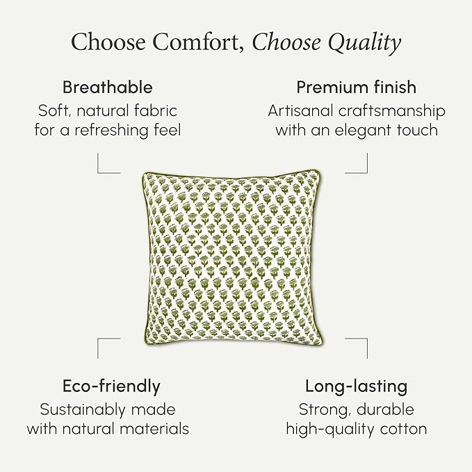 CPC 100% Cotton Throw Pillow Covers 24x24 Inch, Set of 2 Green Block Print Pattern Couch Pillow, Cute Boho Decorative Pillows for Living Room, Bedroom with Hidden Zipper- Emerald Green