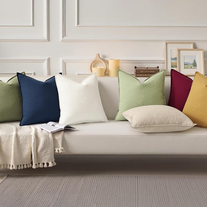 decorUhome Fall Sage Green Linen Throw Pillow Covers 16x16 Set of 2 | Decorative Soft Cozy Modern Farmhouse Boho Accent Pillow Cases with Flange Edges for Couch Bed Sofa Living Room Home Decor