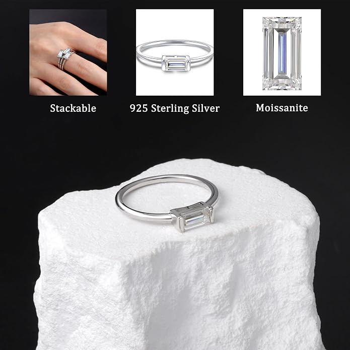 Baguette Moissanite Rings for Women: 925 Sterling Silver Baguette Ring Stackable 0.75CT White Gold-plated Jewelry for Her Anniversary Engagement Gift